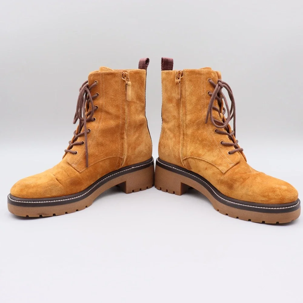 Tory Burch Women's Miller Lug Sole Combat Boots Size 10M US Tan Suede Lace Up